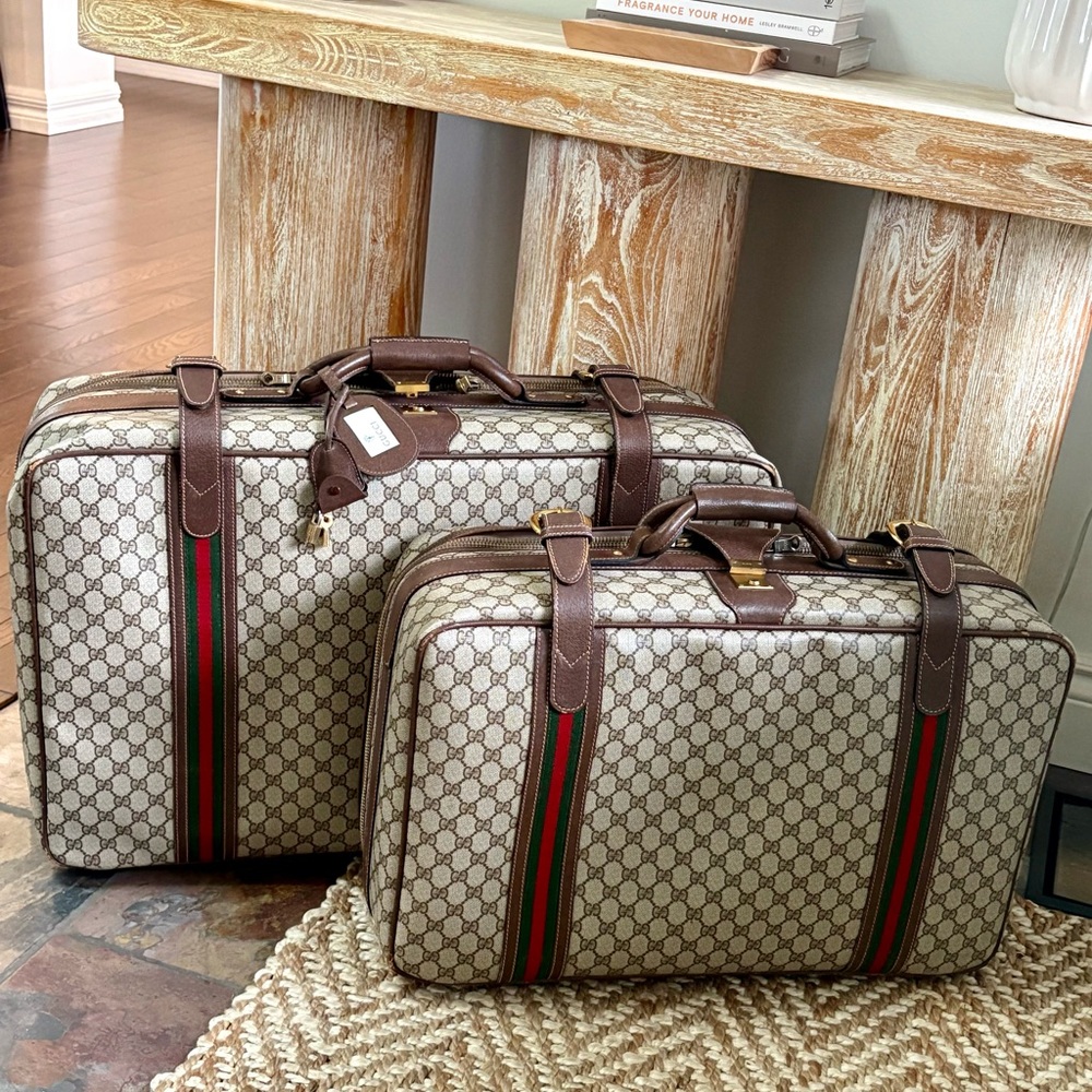 AUTHENTIC 1970s Gucci Large & Medium Suitcases GG Canvas w Brown Leather Trim